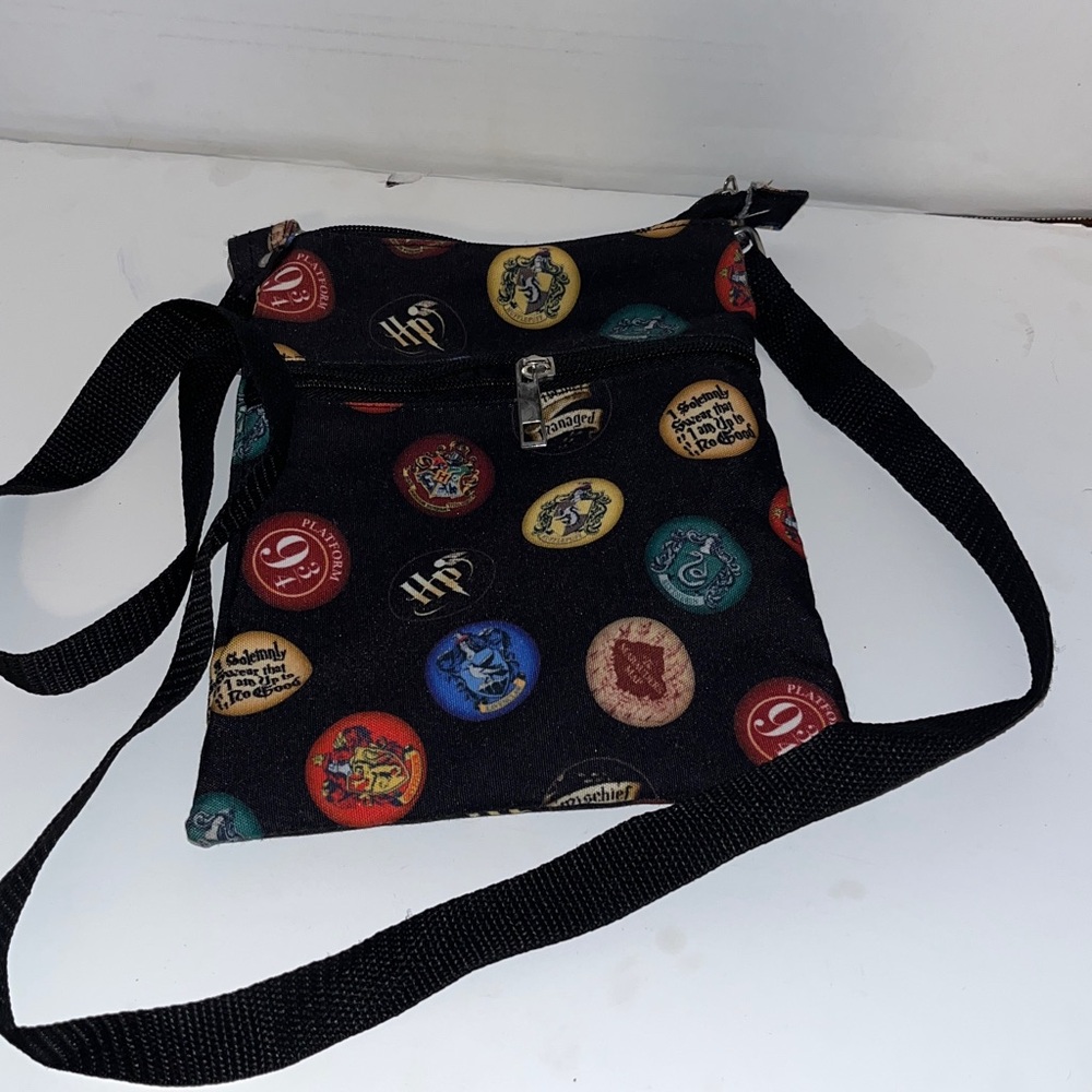 Black Crossbody Bag with Colorful Emblems